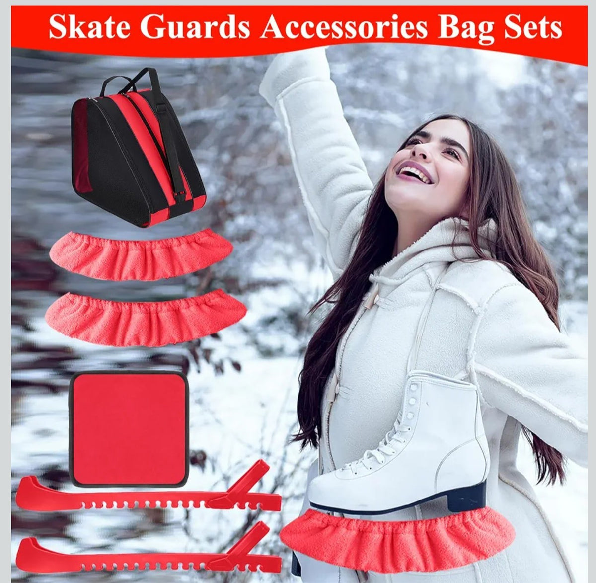 Ice Skate Accessories Set with Bag Guards Soakers Mat Red Black 16x13.35in