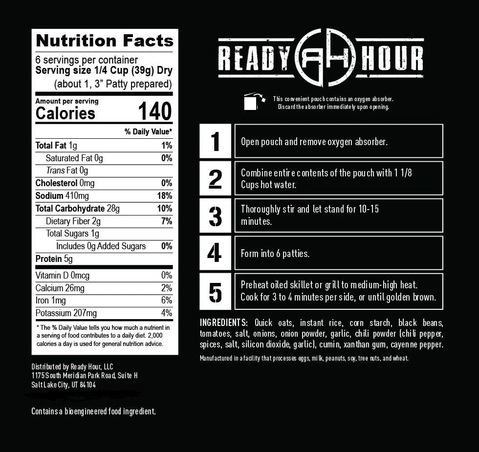 Emergency Food Supply Black Bean Burger Kit - 25-Year Shelf Life, 6 Servings