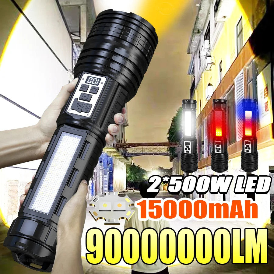 High-Power LED Flashlight with Long Range Zoom, COB Side Light & 15000mAh Battery
