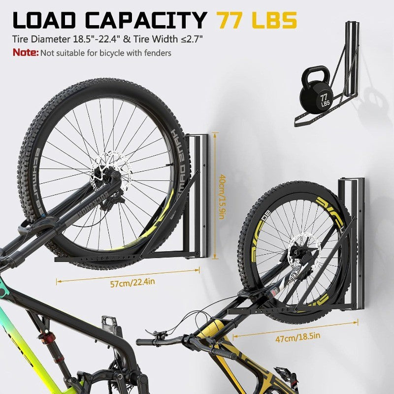 Wall Mount Bicycle Hangers Set of 2 - Space-Saving Vertical Bike Racks