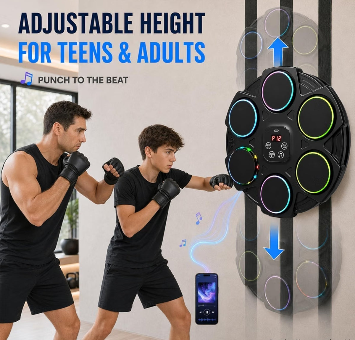 Wall Mounted Boxing Machine with Gloves for Adults - 12 Modes & LED Display