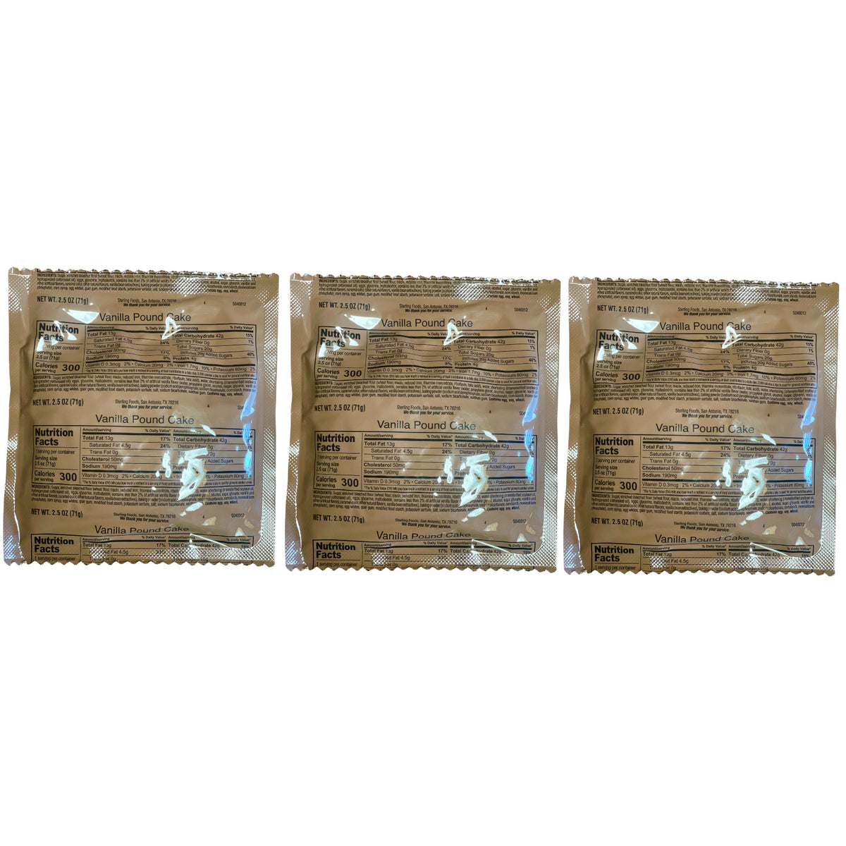 Military MRE Vanilla Pound Cake Dessert Pack of 3-24 - Long Shelf Life Emergency Food