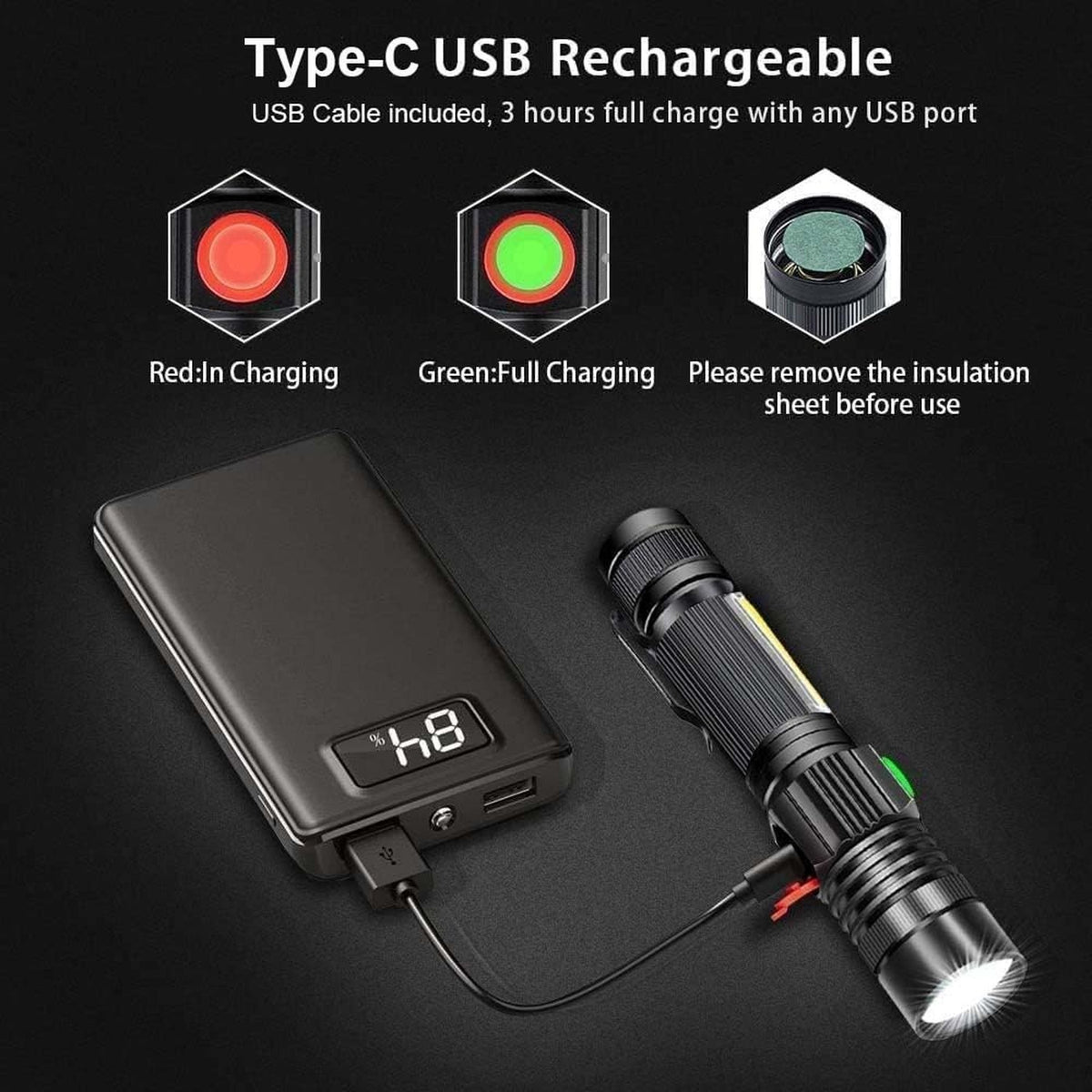 Rechargeable LED Flashlight with Magnetic Base & COB Sidelight – Super Bright, Waterproof, Zoomable