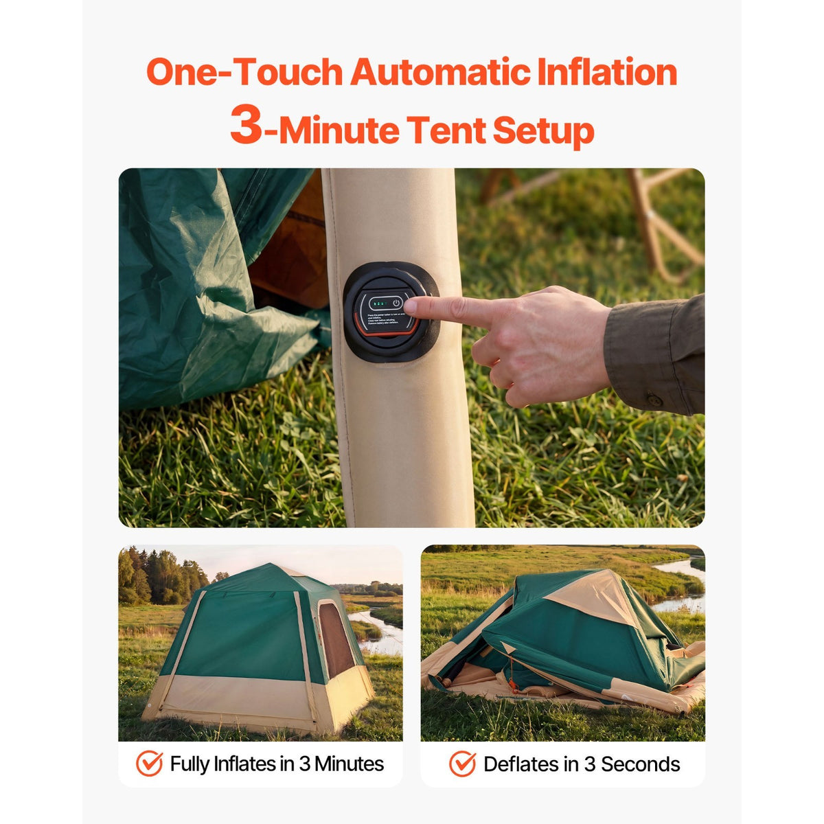 Inflatable Camping Tent for 4 Persons with Rechargeable Pump - Easy Setup & UV Protection