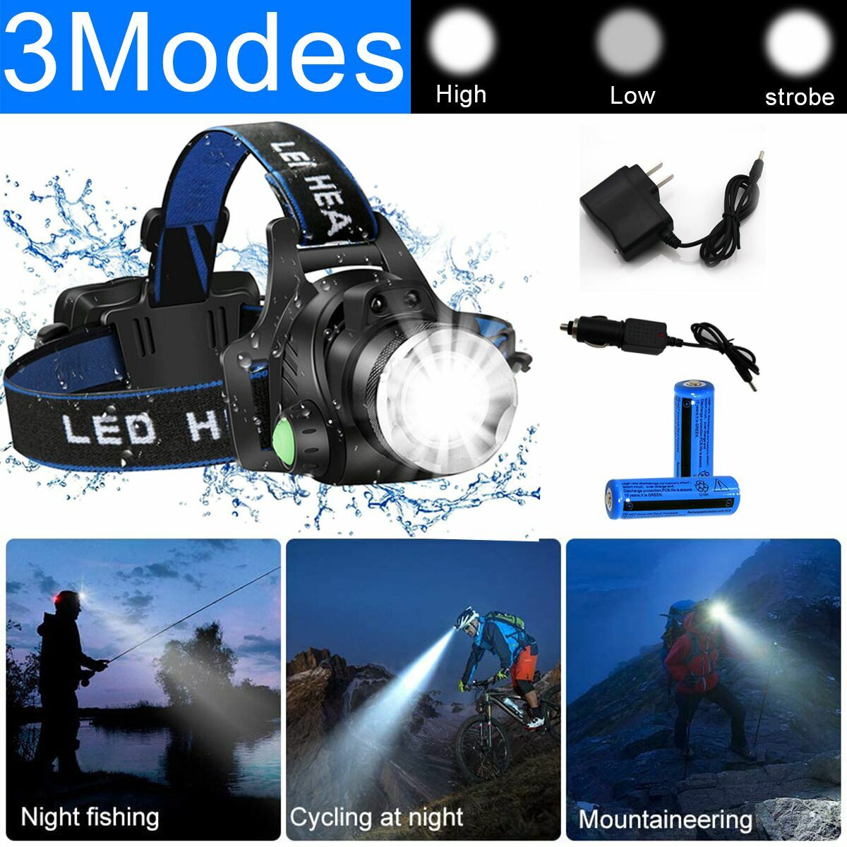 High Brightness LED Headlamp Rechargeable Waterproof Head Torch