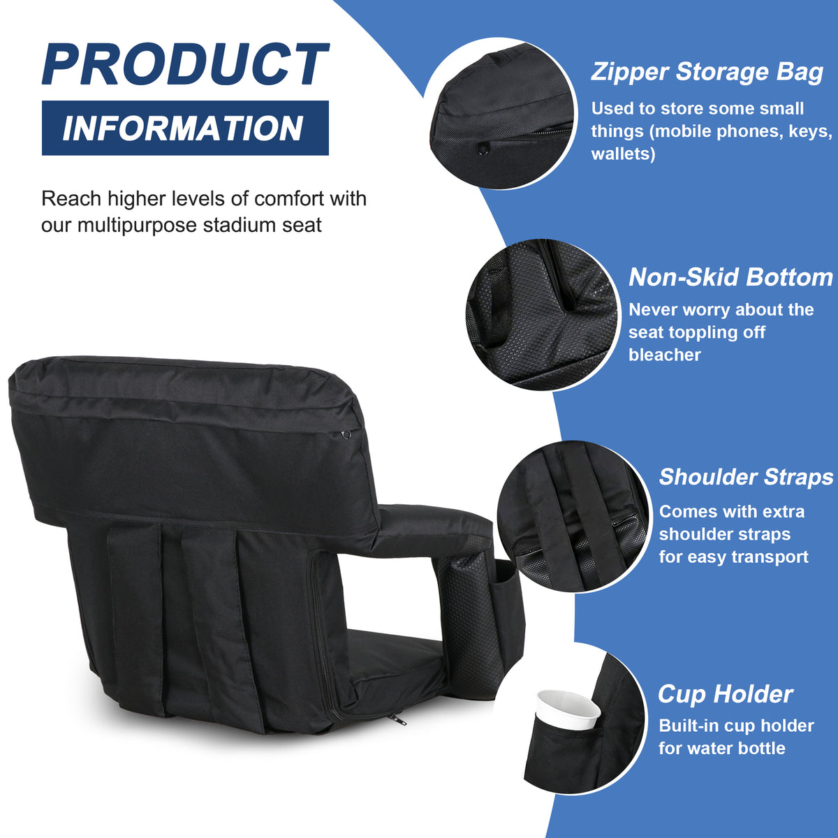 Portable Stadium Seat with Back Cushion & Reclining Positions for Bleachers