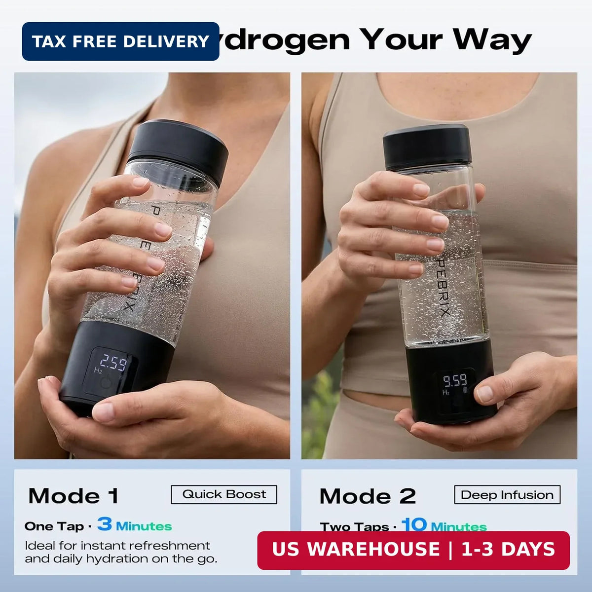 Hydrogen Water Bottle Generator with Glass, Touch Screen, Leakproof Cap - Portable 400ml
