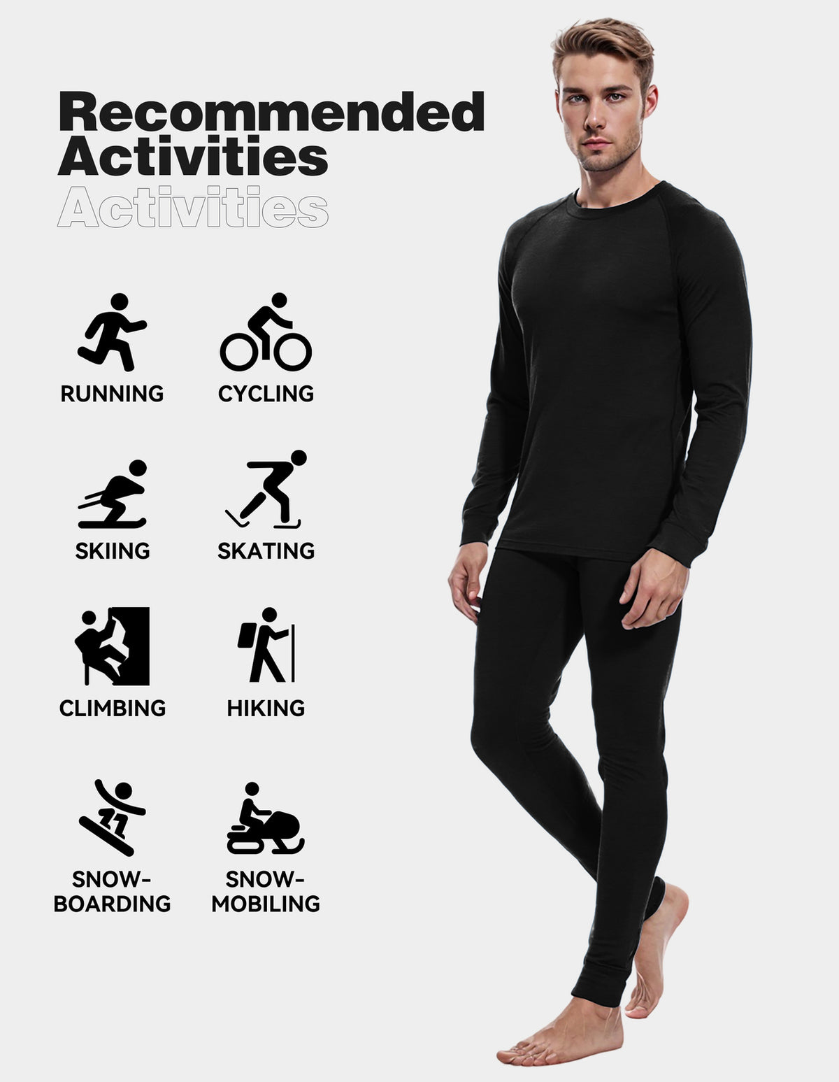 Men's Merino Wool Base Layer Sets Long Johns Thermal Underwear Ski Winter