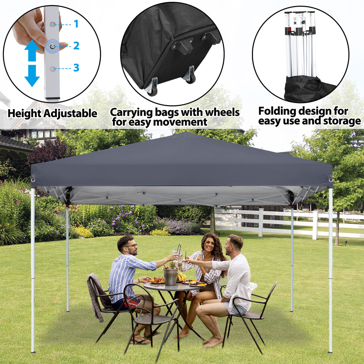 10x10 Pop Up Canopy Tent with Adjustable Heights and Wheeled Bag - Grey