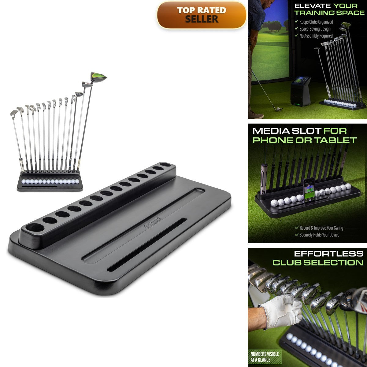 Golf Club Holder Stand - Holds 14 Clubs with Ball & Phone Slots, Black