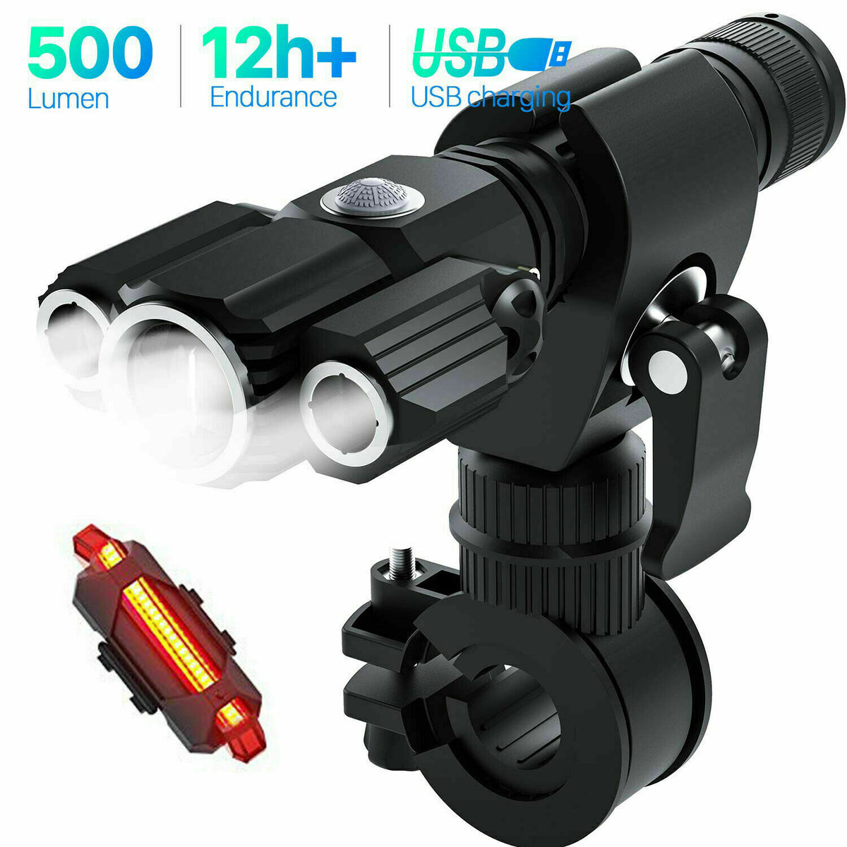 Rechargeable 500LM Bicycle Front & Rear LED Headlight Set with Zoomable & Swivel Features