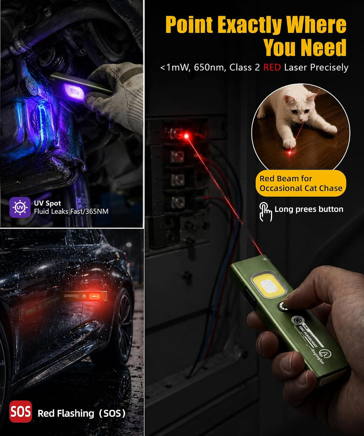 Rechargeable Flat EDC Flashlight with Red Laser and UV Light