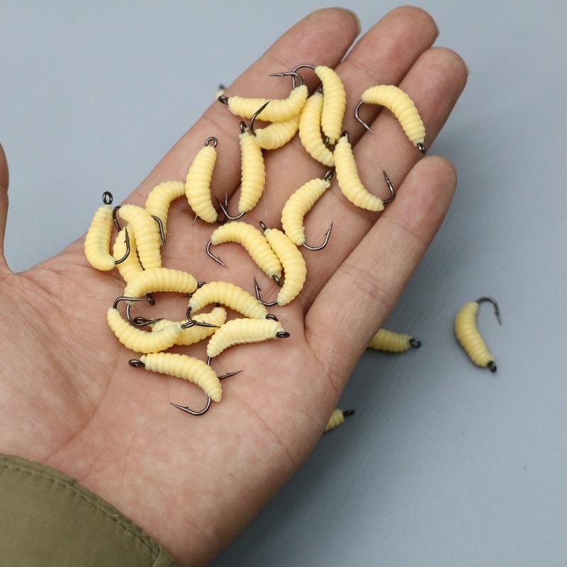60 Pcs Rubber Maggot Lures Set with Hooks for Freshwater Fishing