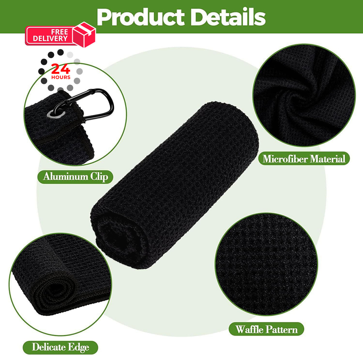 Golf Towels with Club Brush Set - Microfiber Waffle 16x16 Inch Black