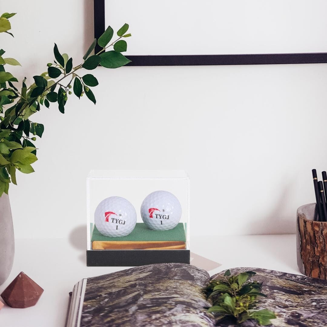 Golf Ball Display Case with Wooden Stand - Clear Acrylic Souvenir Holder