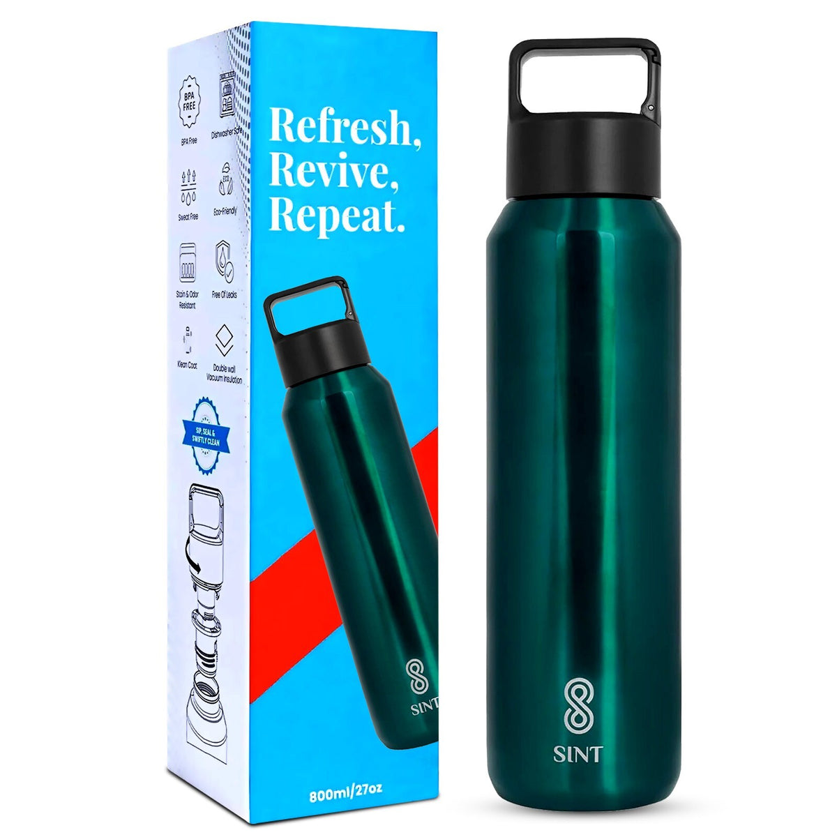 Insulated Stainless Steel Sports Water Bottle - Leak Proof, Sweat-Free, 27 Oz