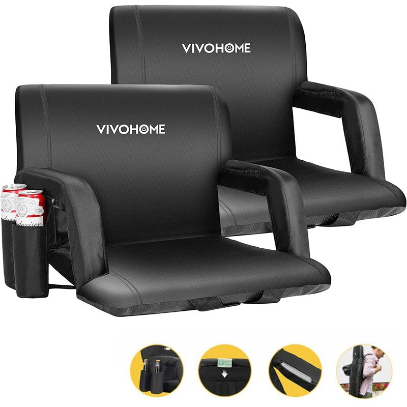 Reclining Stadium Seats 2 Pack with Back Support & Cup Holders - Adjustable & Padded