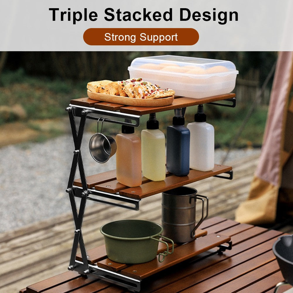 3-Tier Portable Camping Storage Rack Foldable Wooden Countertop Organizer