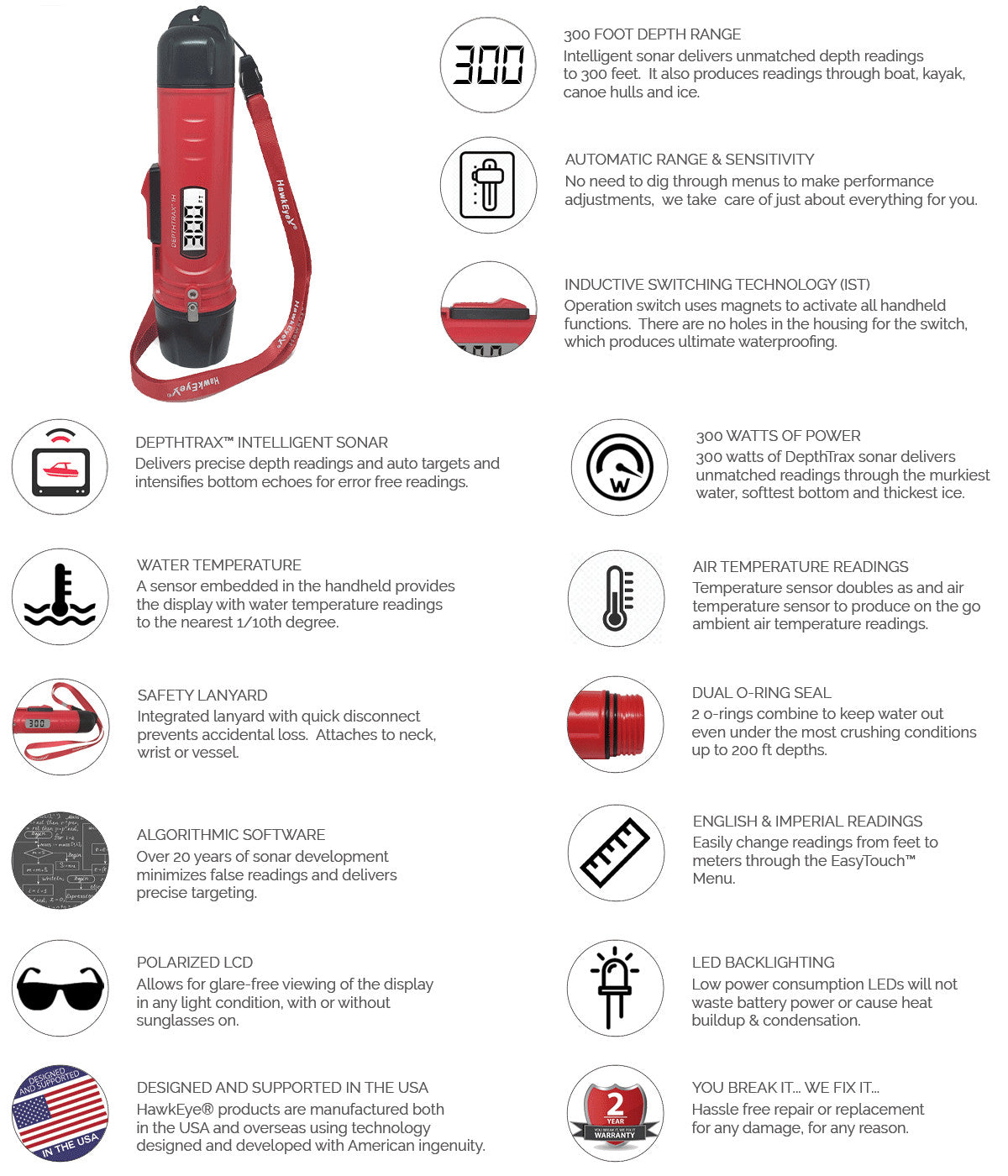 Handheld Depth Finder with Temperature - Waterproof Fish Finder to 300ft