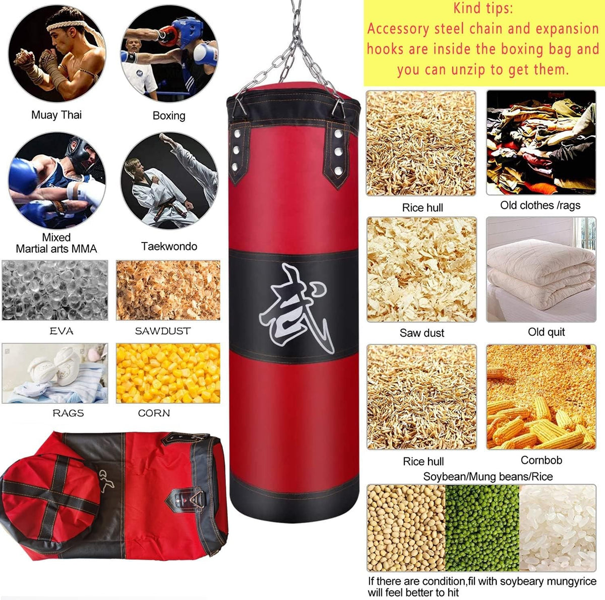 Unfilled Heavy Punching Bag Set with Hand Wraps & Steel Hanger for Boxing MMA Training