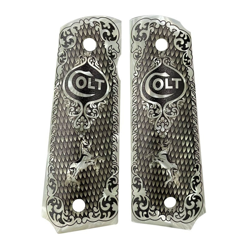 1911 Gun Grips Full Size Colt & Clones White Mother of Pearl Engraved with Screws