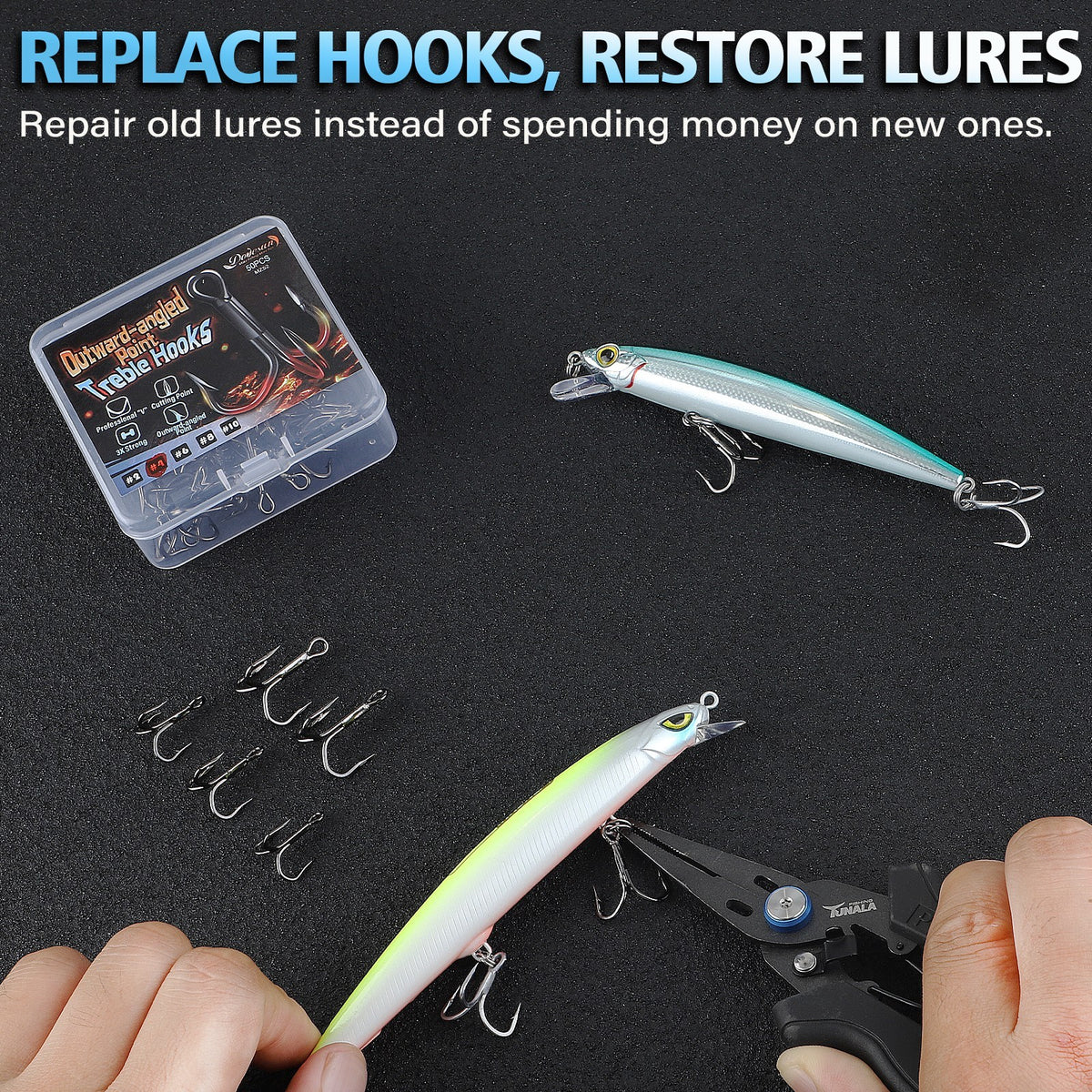 50pcs High Carbon Steel Treble Hooks Outward-Angled Point Fishing Hooks - Strong & Corrosion-Resistant