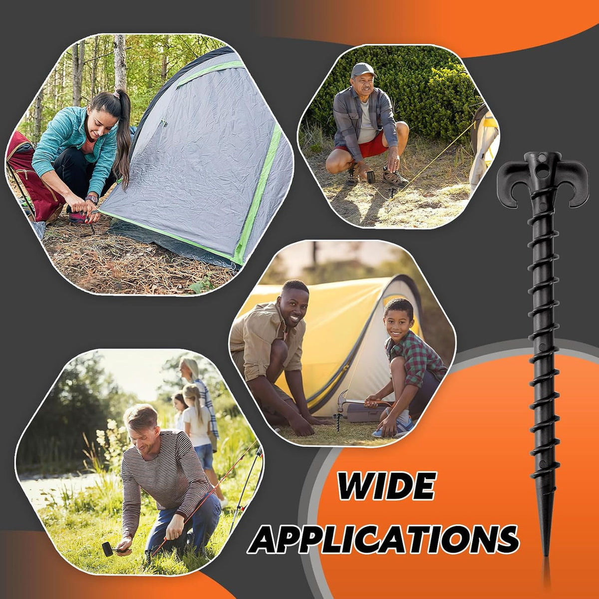 8 Pack 7.5 Inch Black Plastic Tent Stakes Spiral Sand Anchors for Camping Hiking