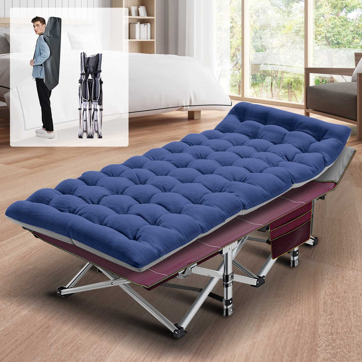 Heavy Duty Folding Camping Cot for Adults with Cotton Mat - Wide Sleep Bed