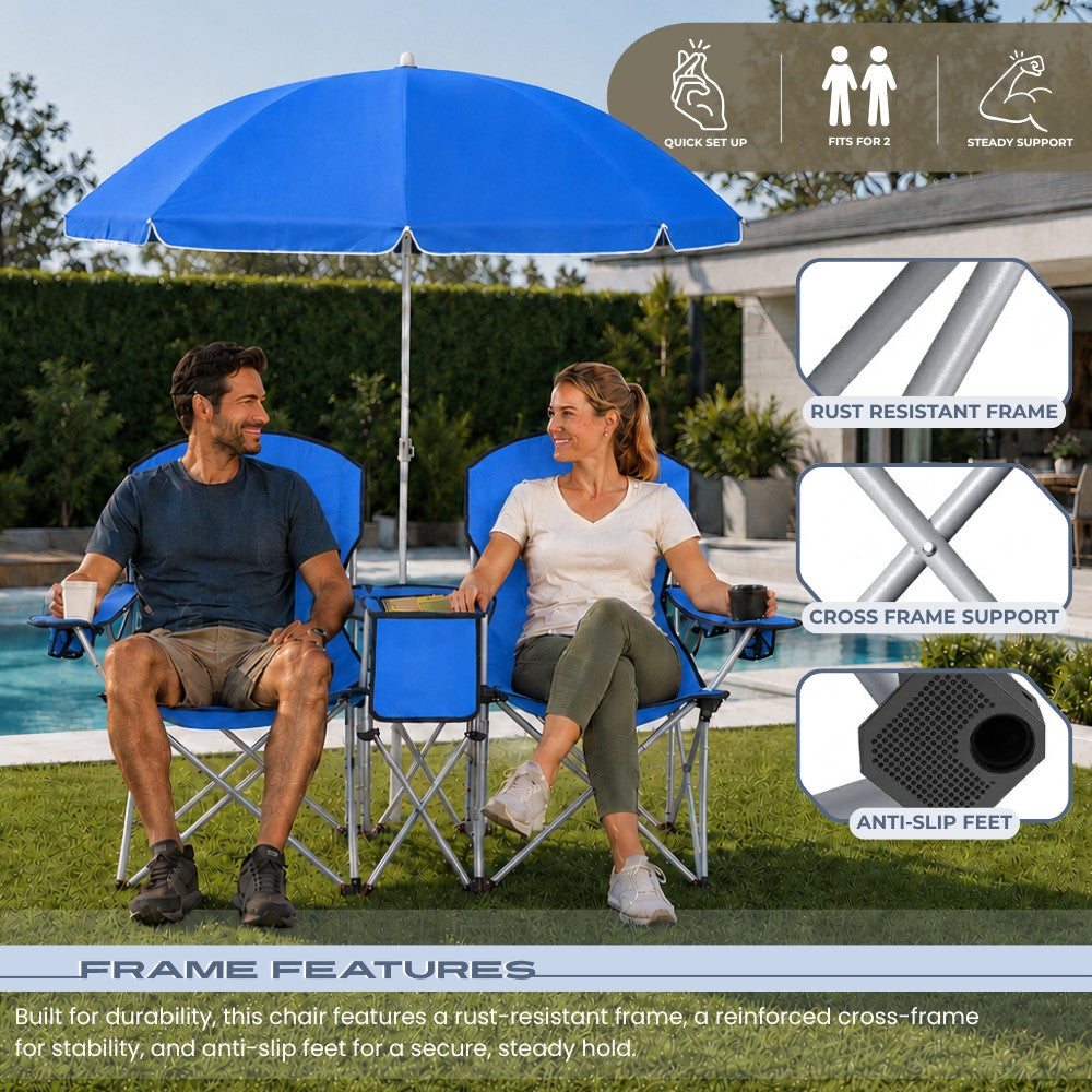 Portable 2-Person Folding Picnic Chair with Umbrella Cooler and Cup Holders