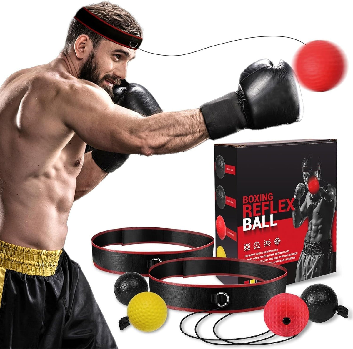 Boxing Reflex Ball Kit with 4 Balls & Adjustable Headbands for Fitness Training