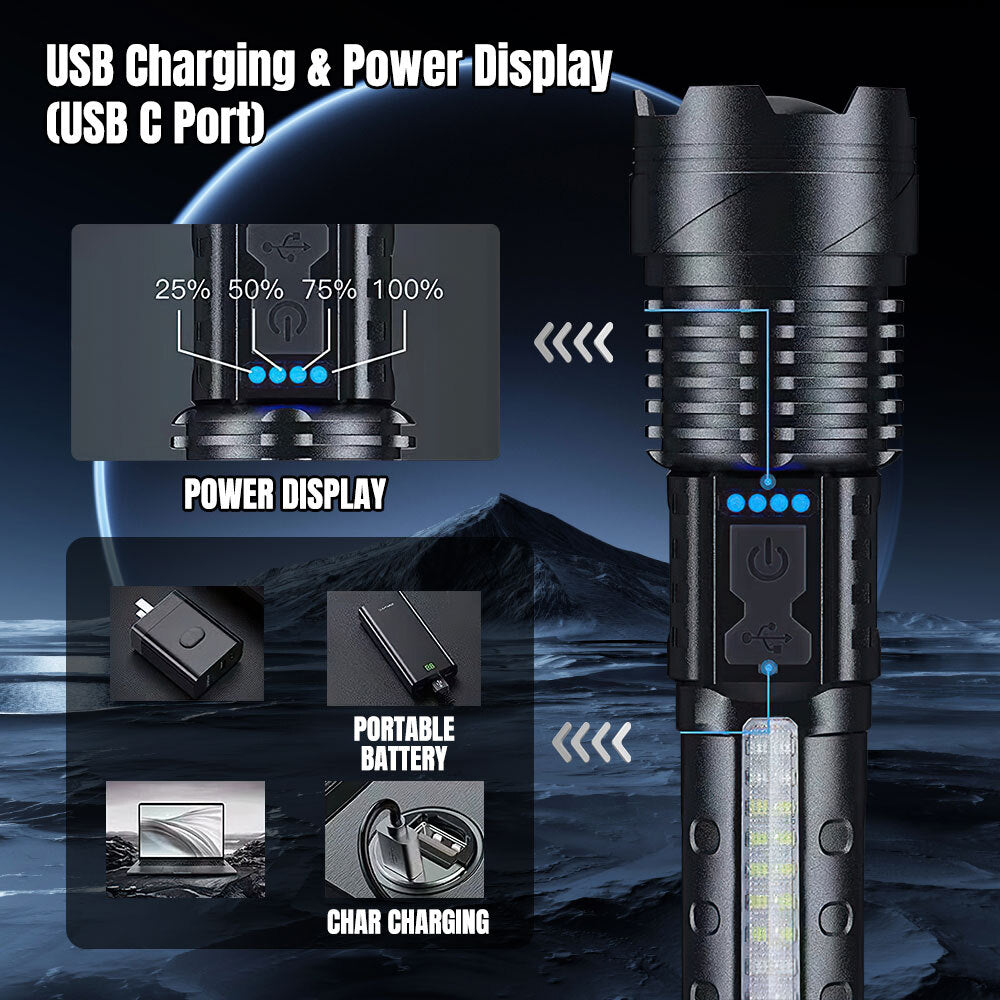 15000000LM Super Bright Rechargeable LED Tactical Flashlight - Waterproof, Multi-Mode, 200-500m Range