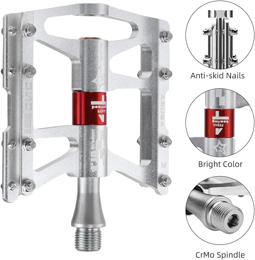 Mountain Bike Pedals - Aluminum Alloy Flat Platform with 4 Bearings 9/16" Spindle