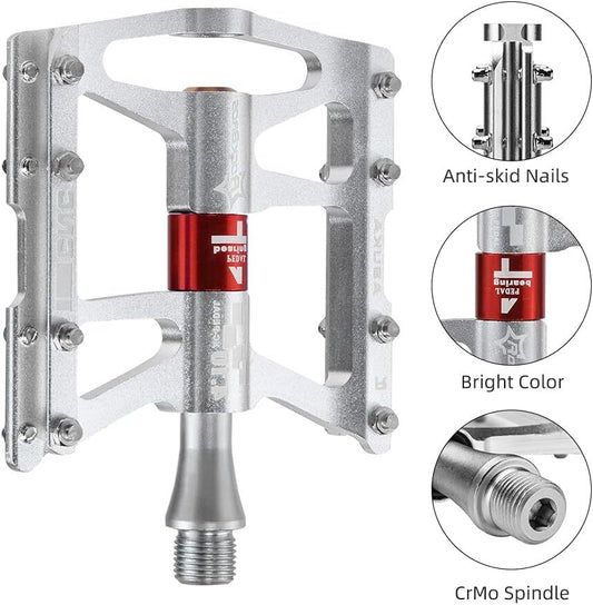 Mountain Bike Pedals - Aluminum Alloy Flat Platform with 4 Bearings 9/16" Spindle