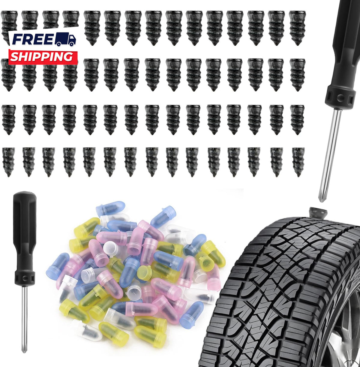 60PCS Tire Repair Kit with Self-Injecting Plugs and Screwdriver