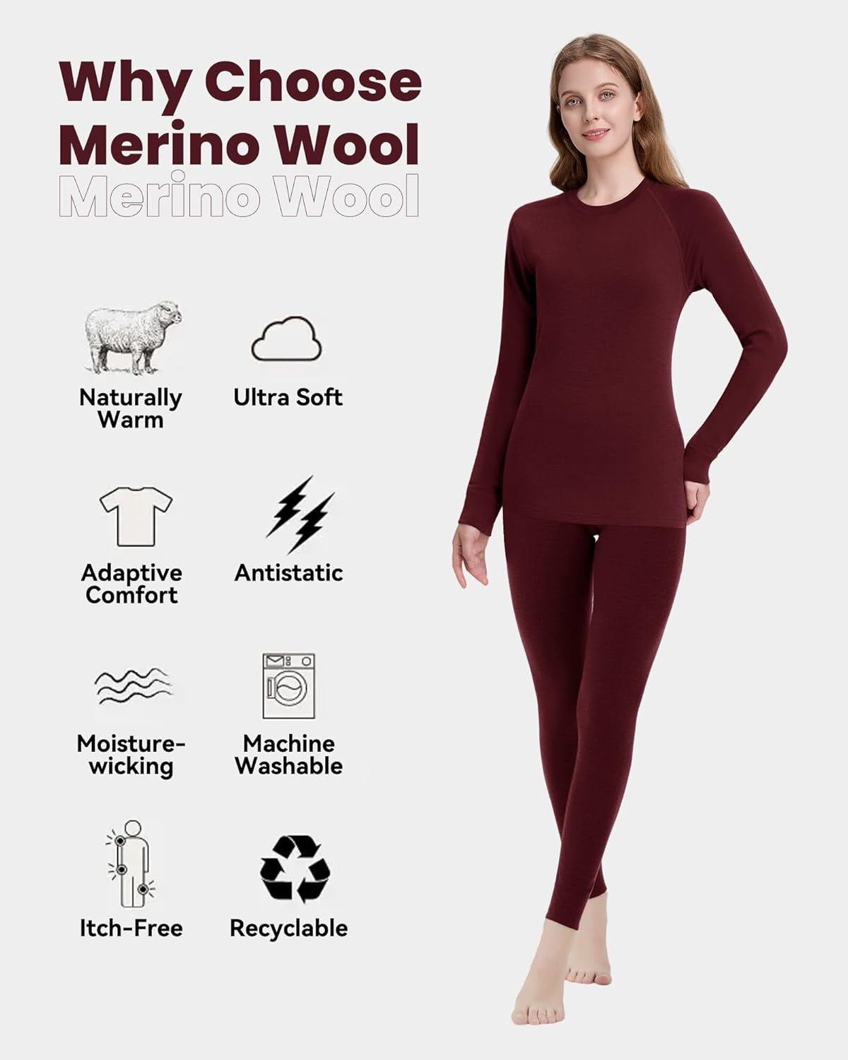 Women’s Merino Wool Base Layer Set Thermal Underwear Ski Cold Weather