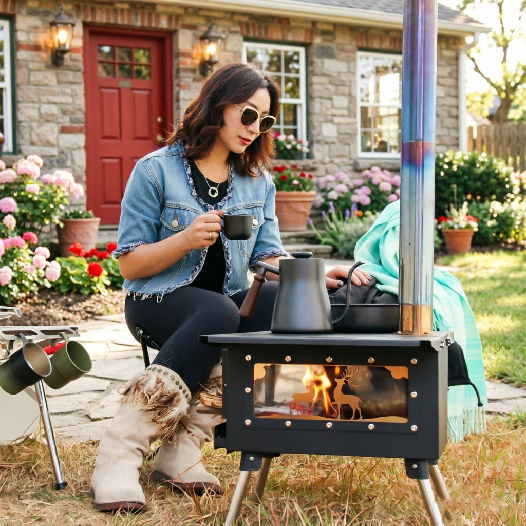 Foldable Camping Wood Stove with Chimney & Accessories - Portable Outdoor Heater & Cooker