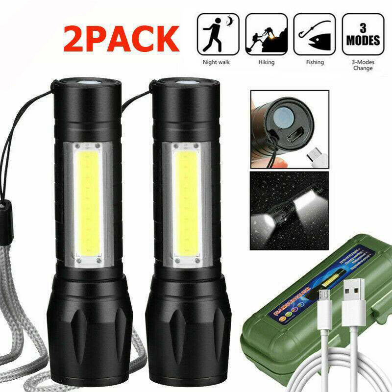 Rechargeable COB LED Flashlight 2 Pack - 3 Modes, Zoom, Side Light