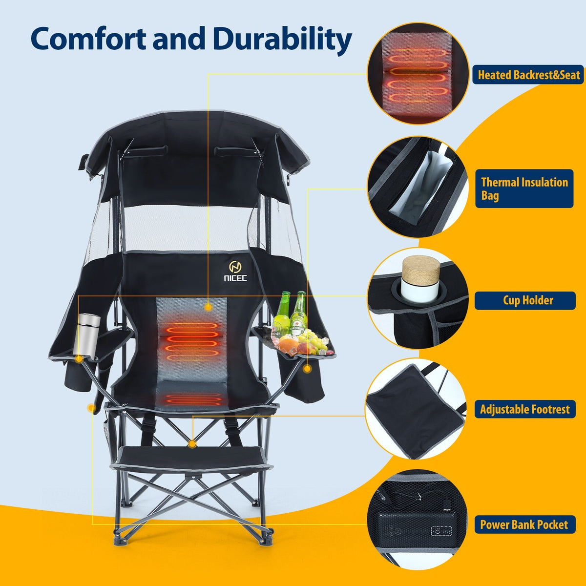 Heated Outdoor Camping Chair with Canopy and Footrest - Portable Shade