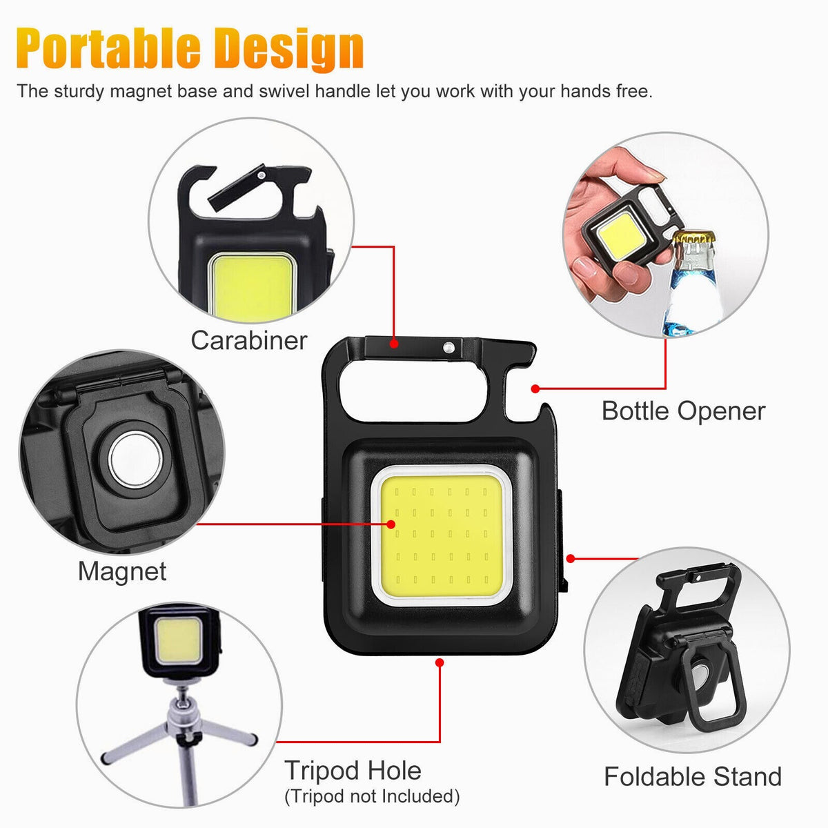 Mini Rechargeable COB Flashlight Keychain 800 Lumens with Magnet & Foldable Stand