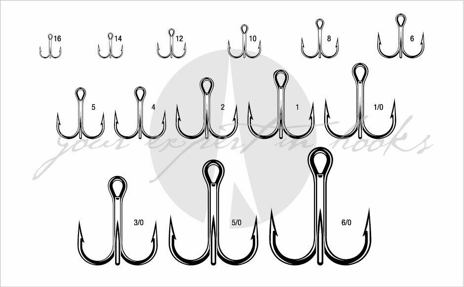 Treble Fishing Hooks - Black Nickel, Short Shank, Strong, Multiple Sizes