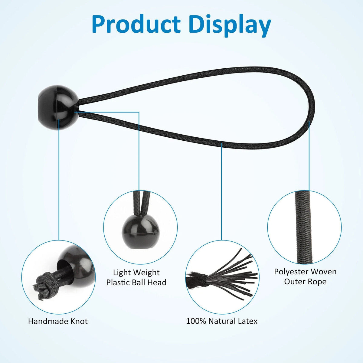 Heavy Duty Bungee Cords with Plastic Ball Ends for Tarp and Gear Securing 6in & 9in