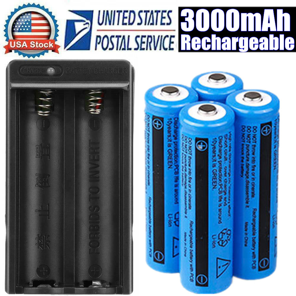 4 Pack Rechargeable 3000mAh 3.7V Lithium-ion Batteries with Dual Charger