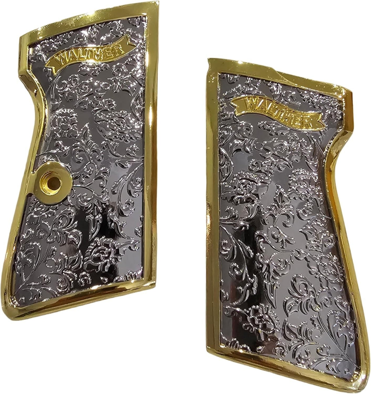 Custom Metal Pistol Grips for Walther PPK PPK-S Scroll Engraved Polished Nickel Gold Finish