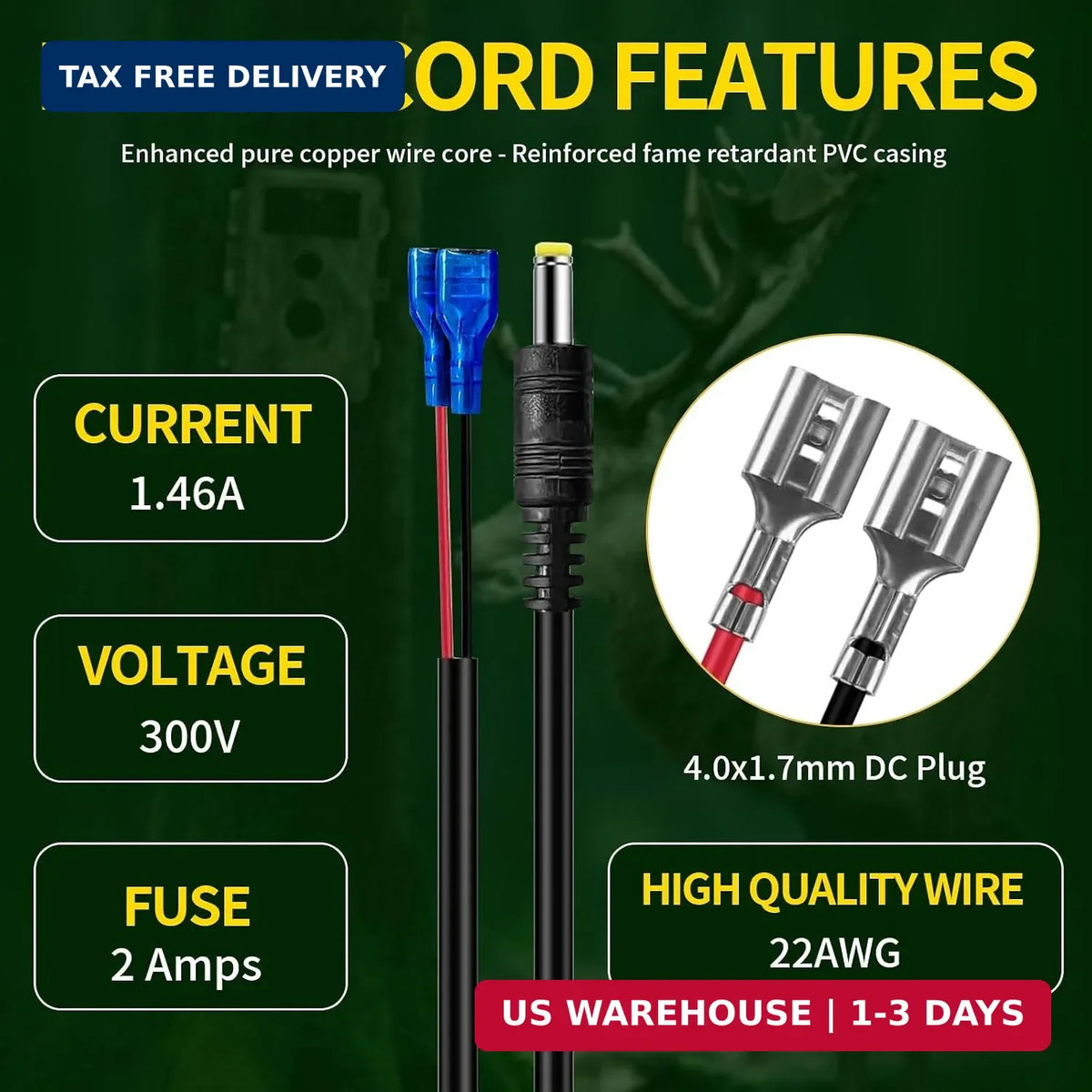 15FT Trail Camera Power Cable DC External Cord for Wildlife & Doorbell Cameras