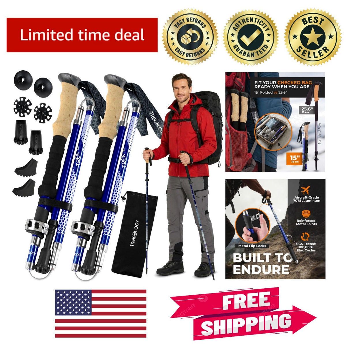 Lightweight Adjustable Hiking Poles Set - Trek-Z 2 Pack for Outdoor Support