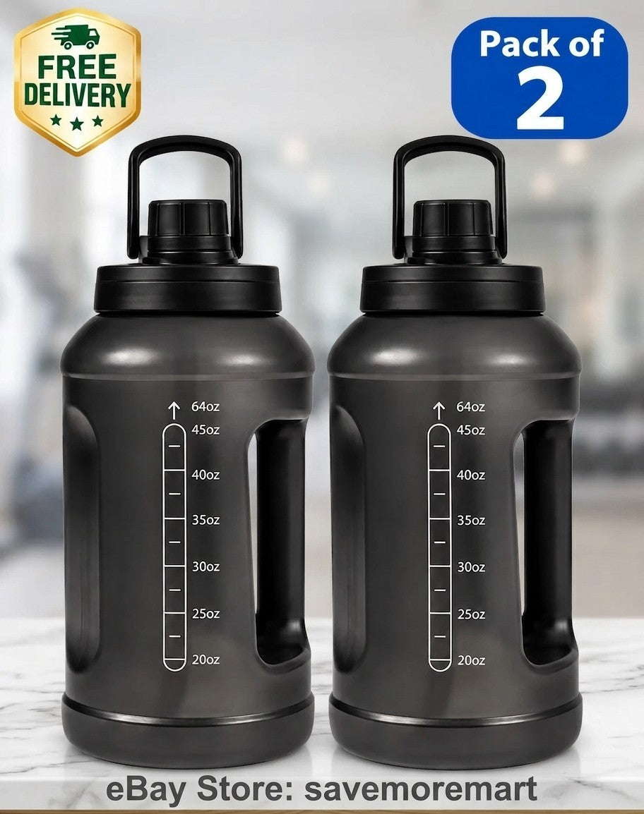 Reusable Water Bottle 64oz with Straw - Pack of 2, Black, Plastic
