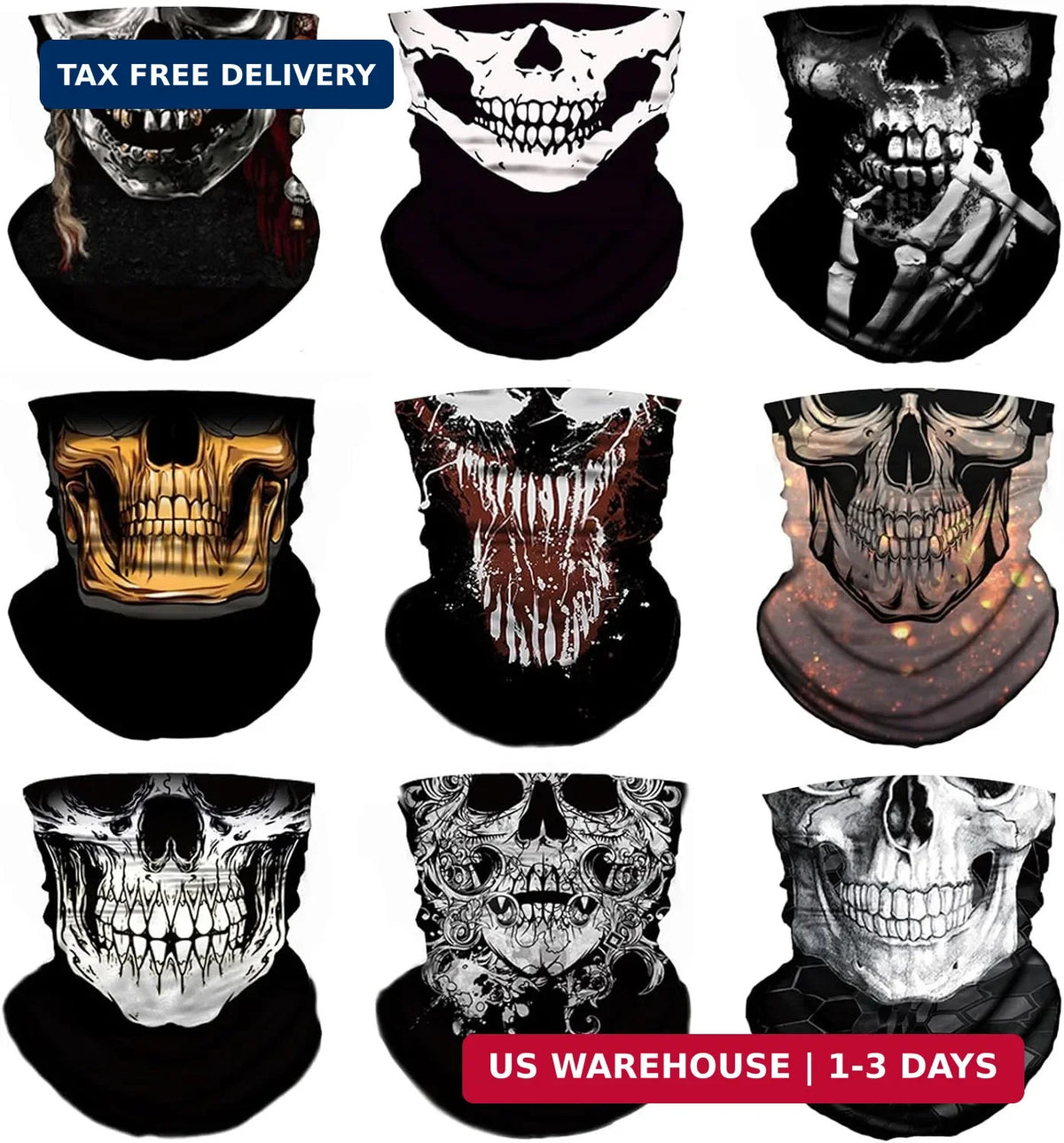 9 Pack Skull Motorcycle Neck Gaiter Face Masks for Men & Women