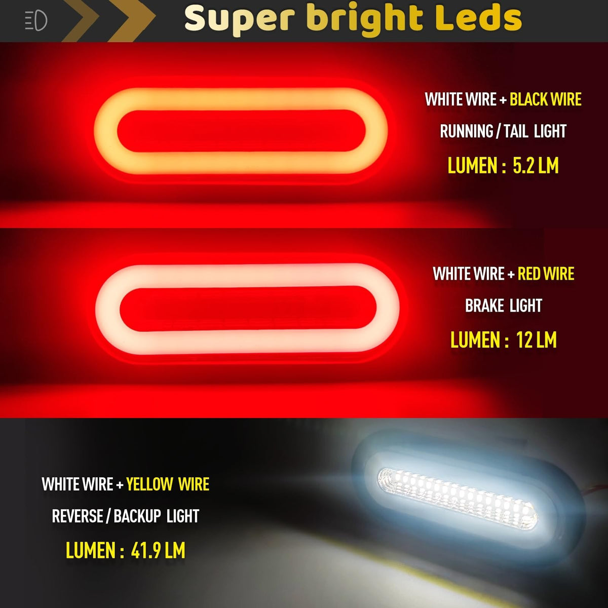 2 Pcs Smoked Lens Oval Trailer Lights 52 LEDs White & Red Halogen