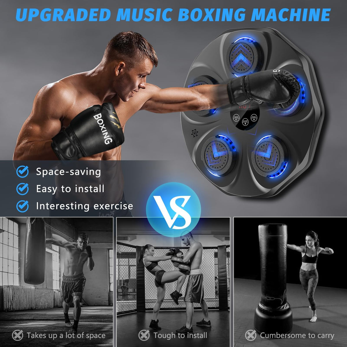 Interactive Wall-Mounted Boxing Trainer with Gloves, 9 Modes for Kids & Adults