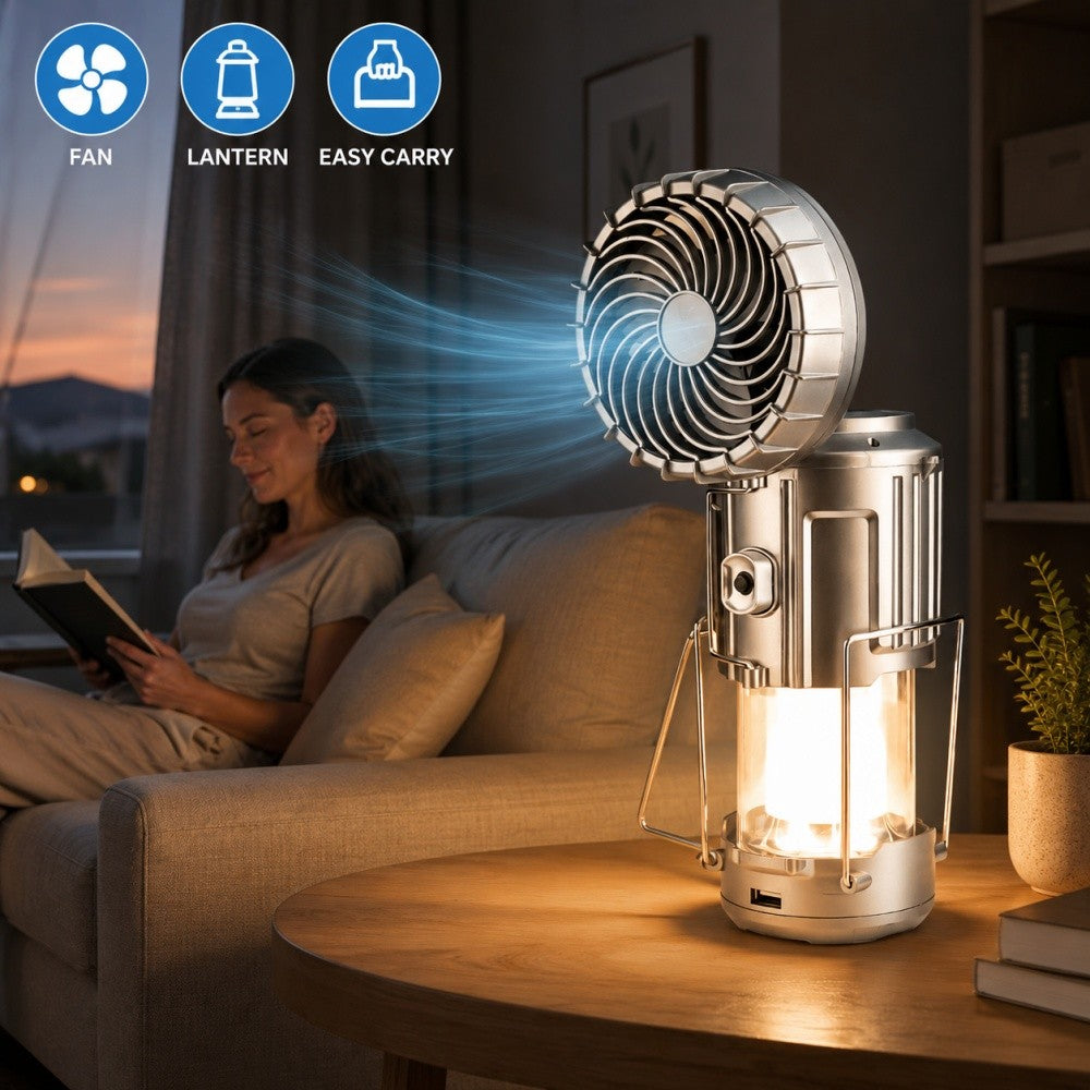 Multi-Function LED Camping Lantern with Fan Solar USB Rechargeable Portable Light
